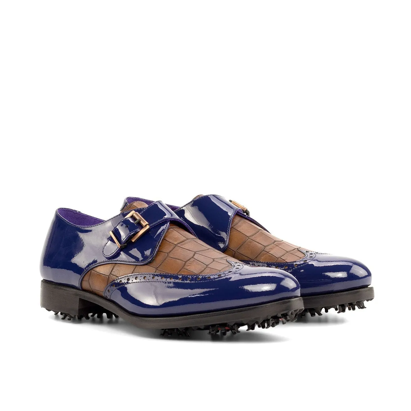 Ambrogio Bespoke Men's Shoes Cobalt Blue & Brown Crocodile Print / Patent Leather Monk-Strap Golf Loafers (AMB2267)