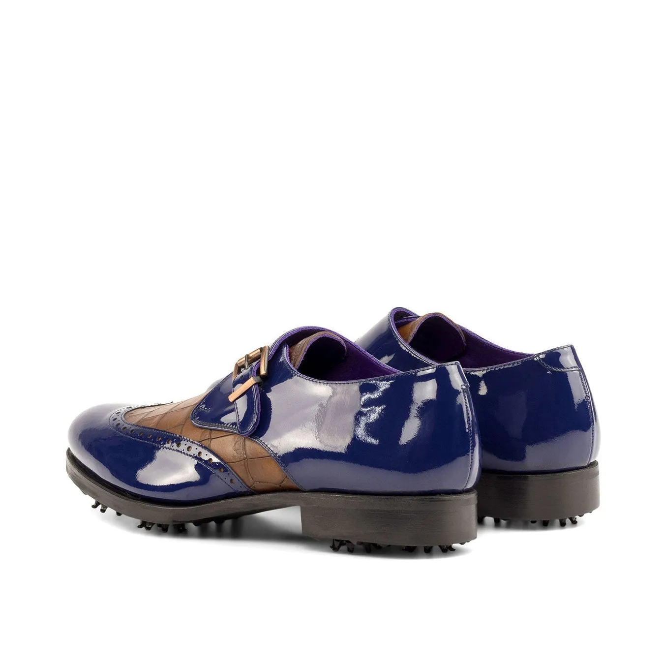 Ambrogio Bespoke Men's Shoes Cobalt Blue & Brown Crocodile Print / Patent Leather Monk-Strap Golf Loafers (AMB2267)