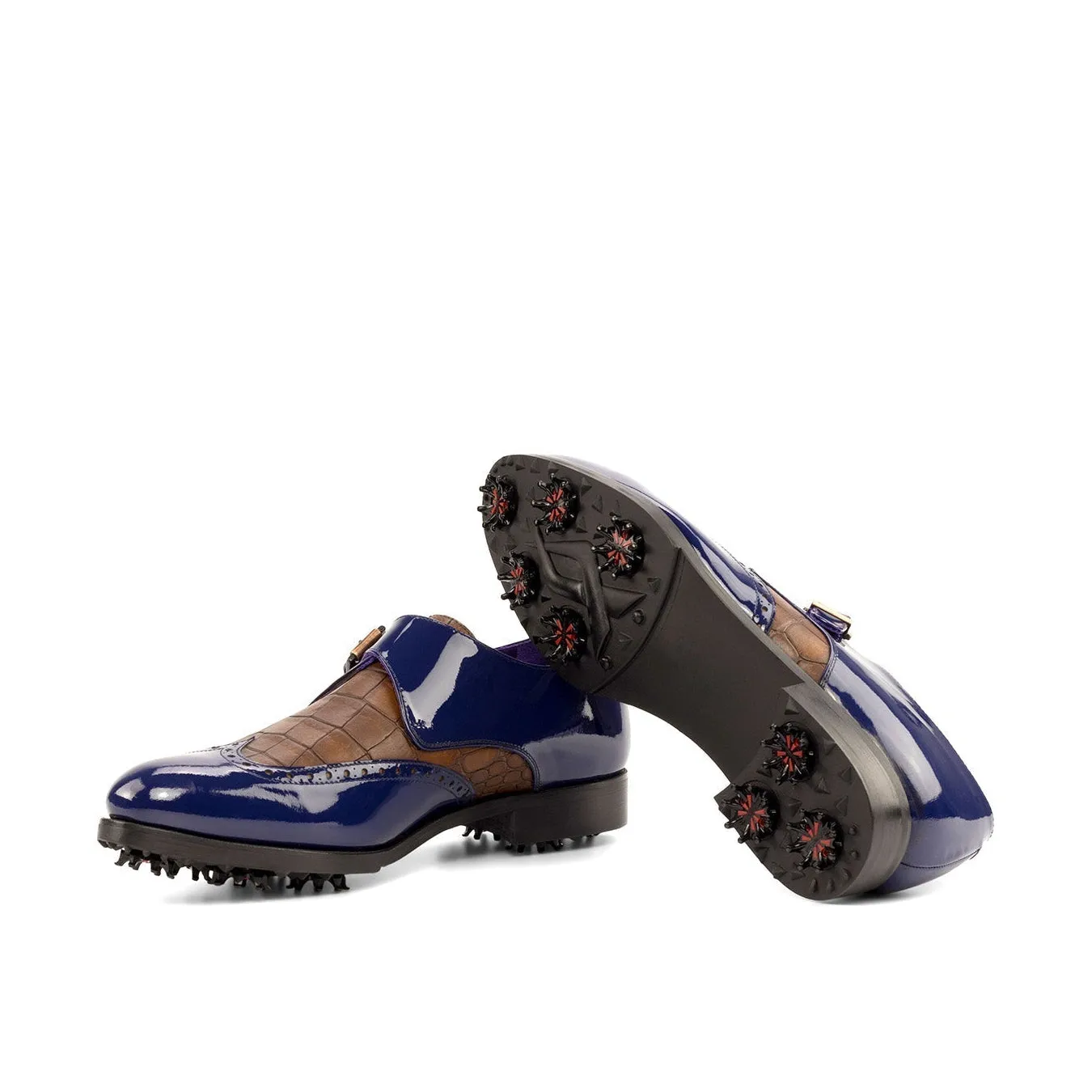 Ambrogio Bespoke Men's Shoes Cobalt Blue & Brown Crocodile Print / Patent Leather Monk-Strap Golf Loafers (AMB2267)