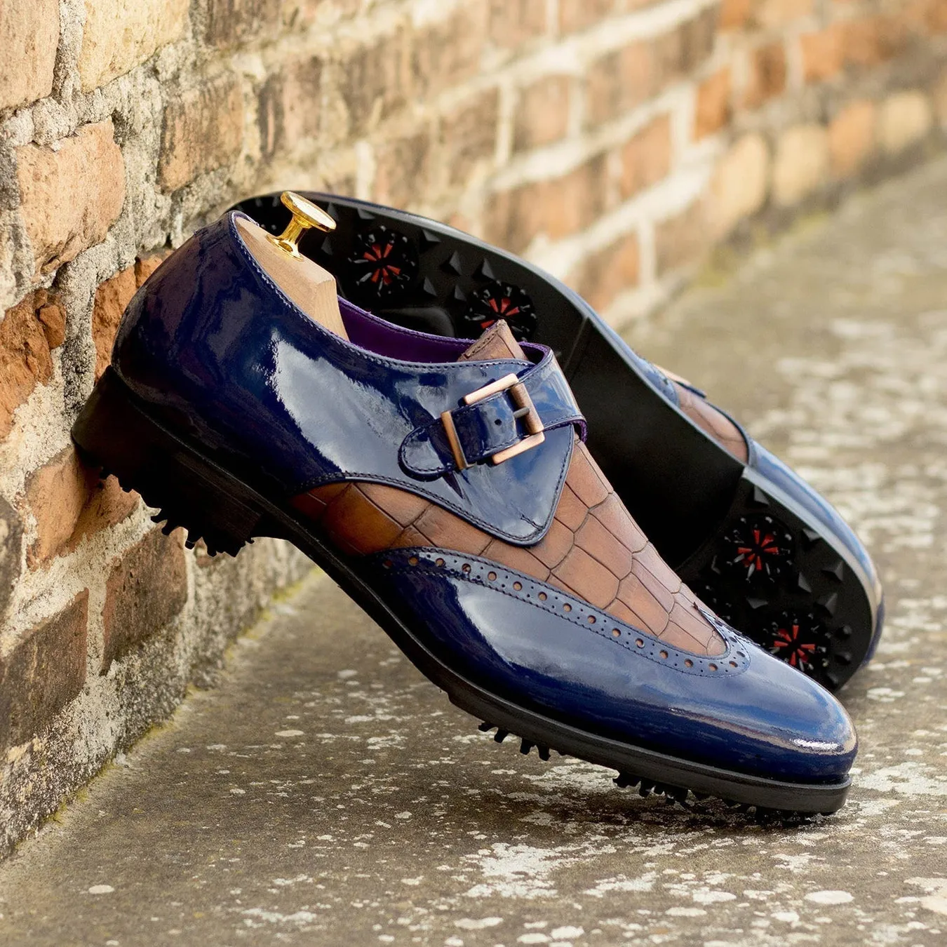 Ambrogio Bespoke Men's Shoes Cobalt Blue & Brown Crocodile Print / Patent Leather Monk-Strap Golf Loafers (AMB2267)