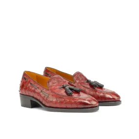 Ambrogio Bespoke Men's Shoes Red Exotic Ostrich-Skin Tassels Loafers (AMB2252)