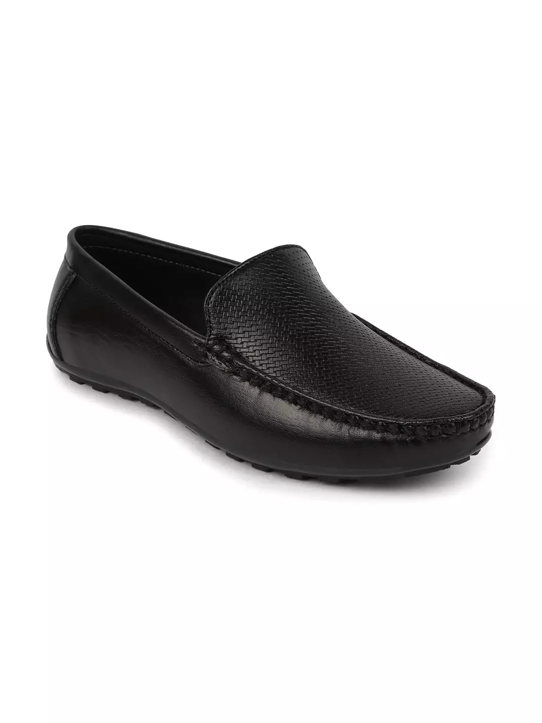 Basics Men Black Textured Print Side Stitched Casual Slip On Loafers and Moccasin Shoes