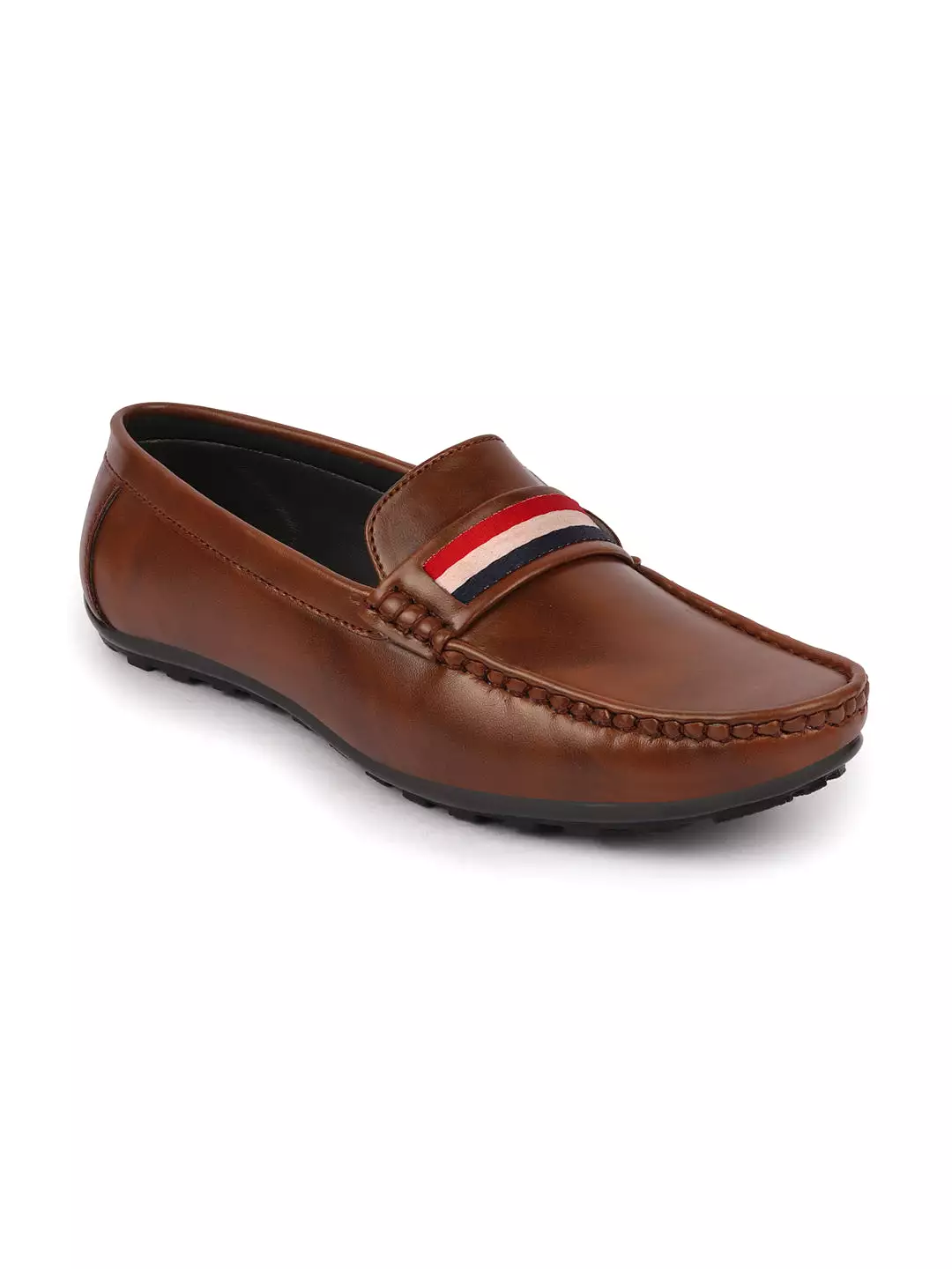 Basics Men Brown Colored Stripe Design Side Stitched Casual Slip On Loafers and Moccasin Shoes