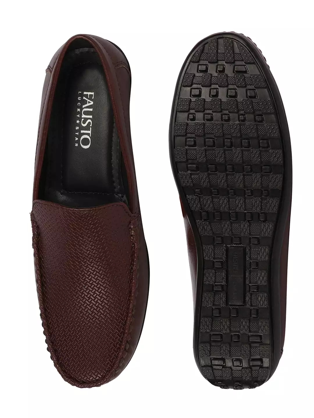 Basics Men Brown Textured Print Side Stitched Casual Slip On Loafers and Moccasin Shoes