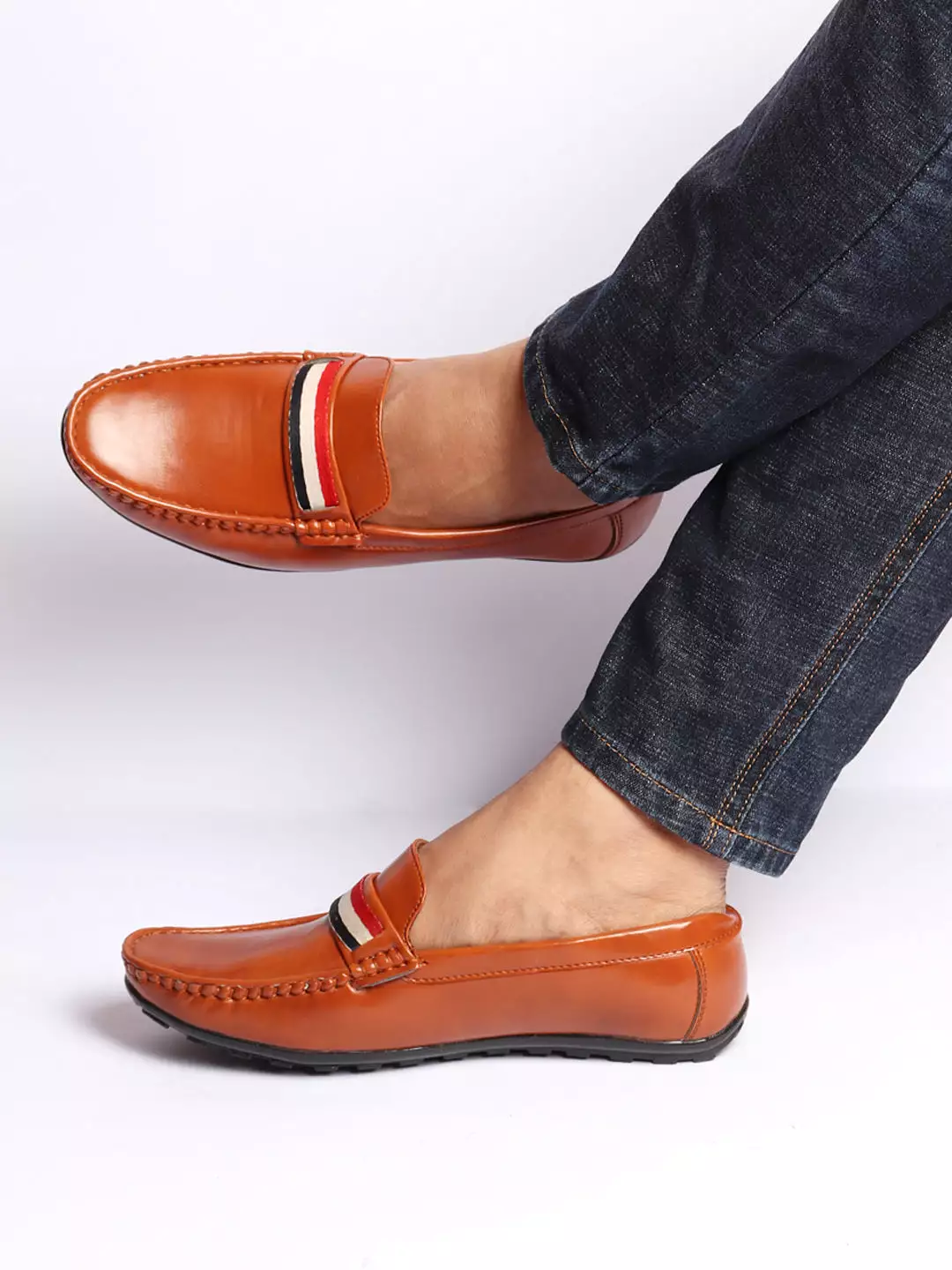 Basics Men Tan Colored Stripe Design Side Stitched Casual Slip On Loafers and Moccasin Shoes