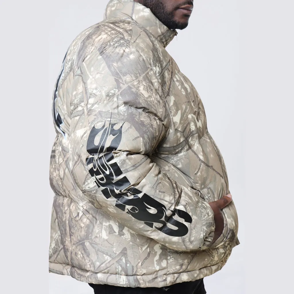 Big and Tall - Printed Puffer Jacket - Khaki Hunting Camo