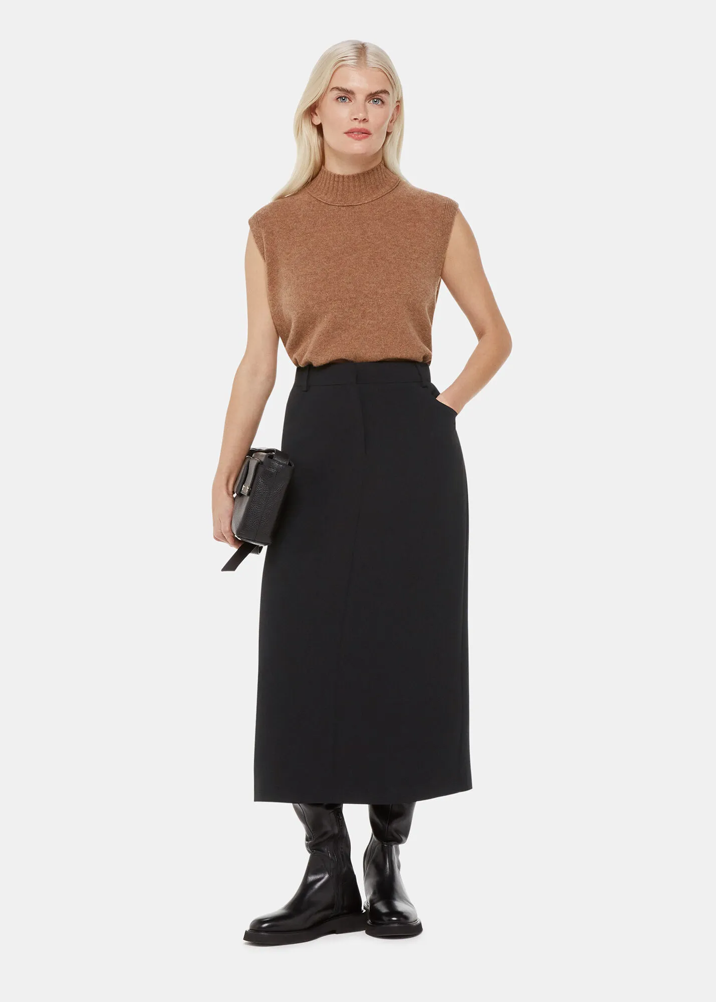 Black Petite Abigail Tailored Midi Skirt