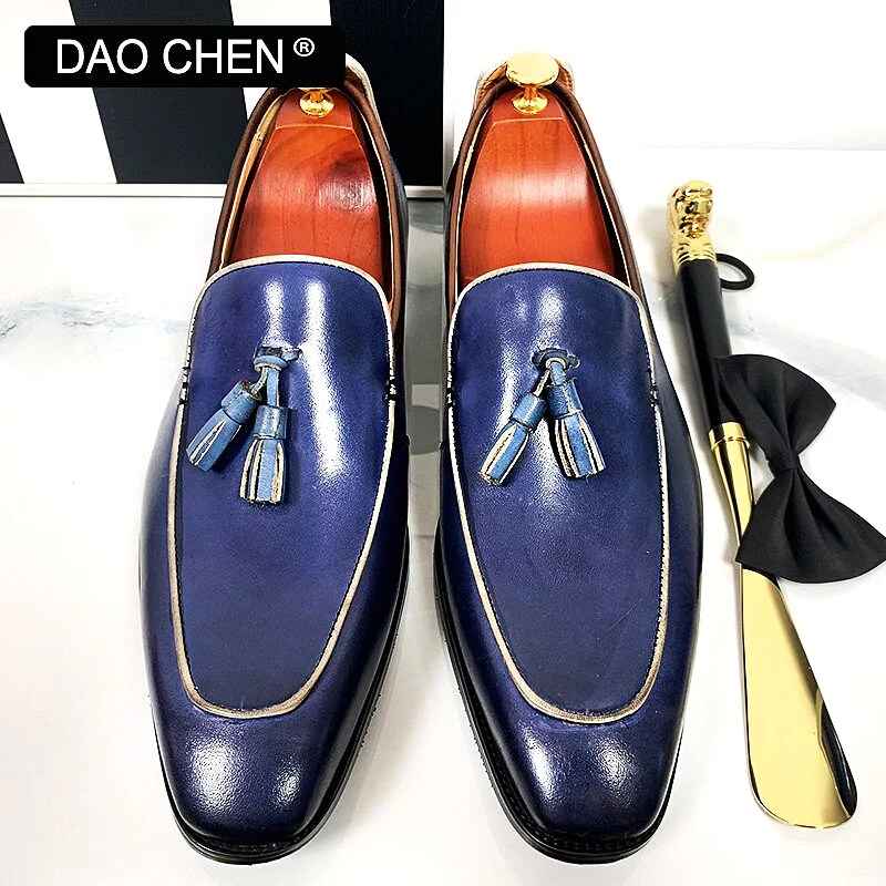 BLUE BLACK TASSEL LOAFERS SLIP ON ELEGANT MEN DRESS SHOES