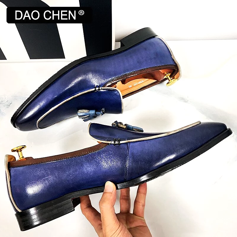 BLUE BLACK TASSEL LOAFERS SLIP ON ELEGANT MEN DRESS SHOES