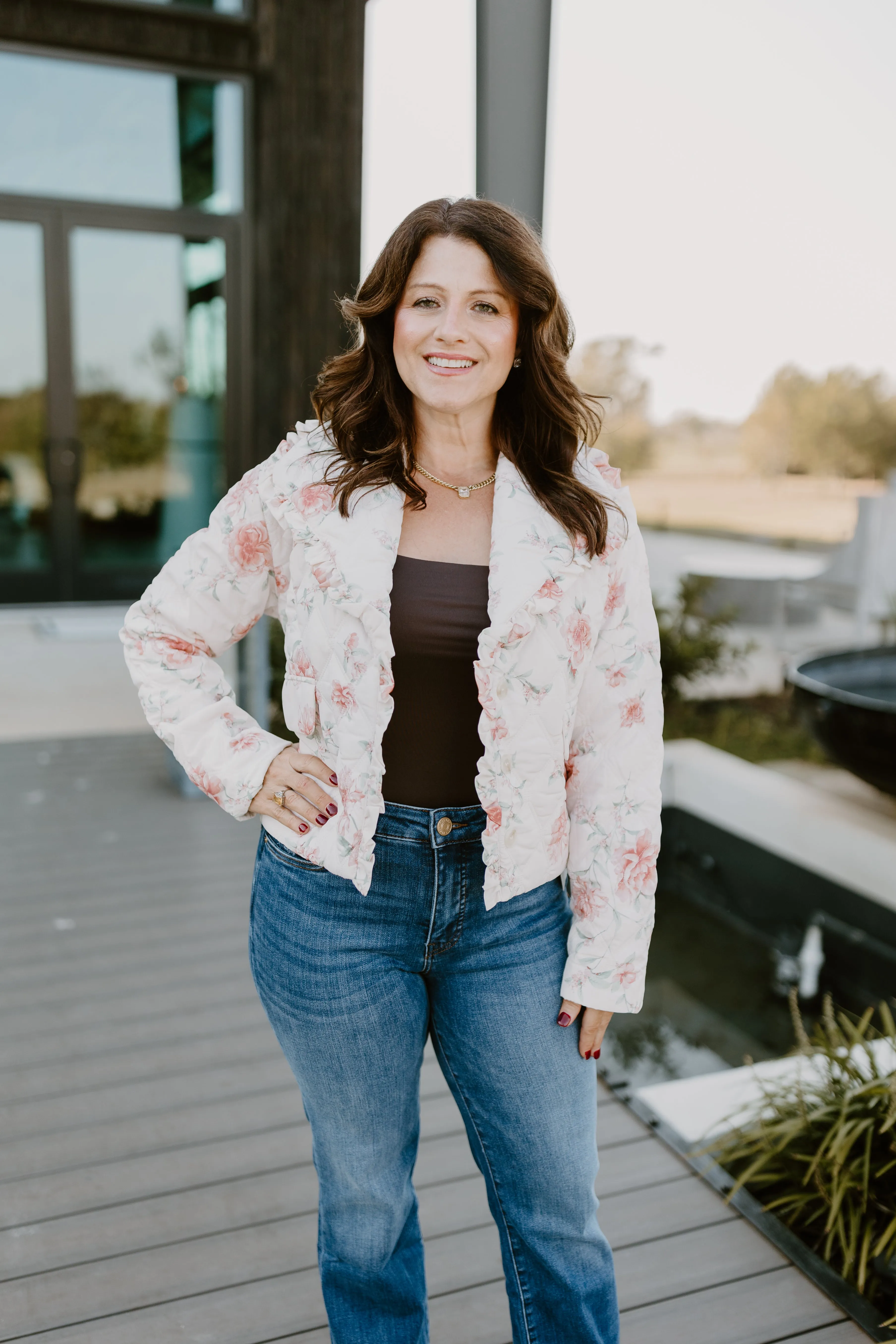 Blush Pink Floral Rose Quilted Puffer Jacket