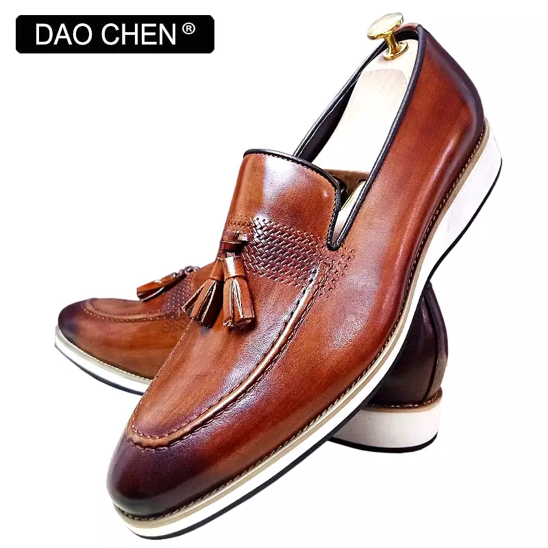 BROWN SLIP ON MAN SHOE TASSELS WEAVE DRESS SHOES WEDDING OFFICE GENUINE LEATHER LOAFERS FOR MEN