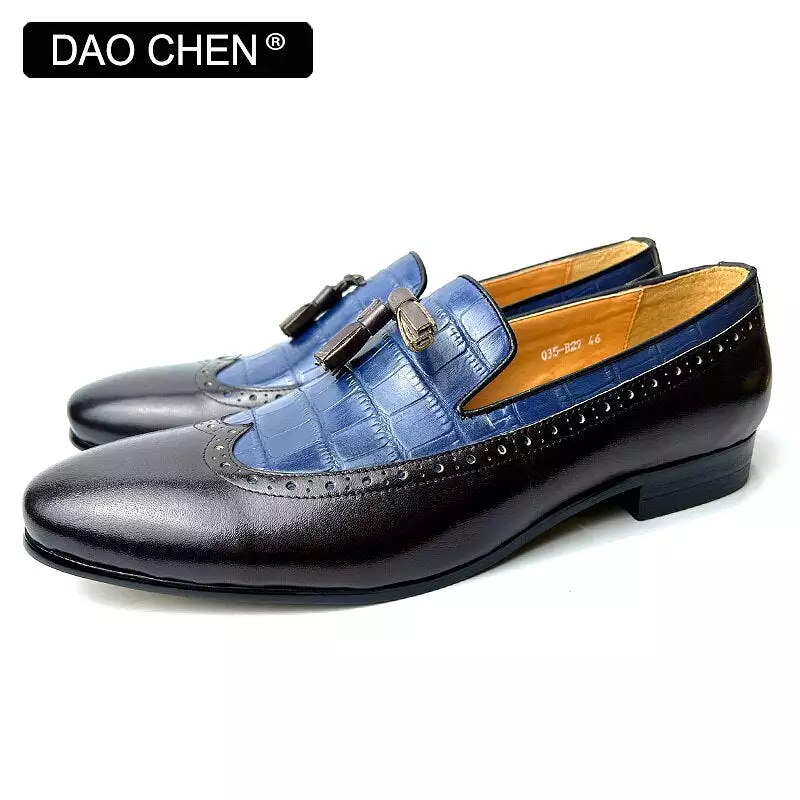 CASUAL SHOES BLACK MIXED COLOR WINGTIP MEN DRESS LOAFERS SHOES WEDDING OFFICE GENUINE LEATHER SUMMER SHOES FOR MEN