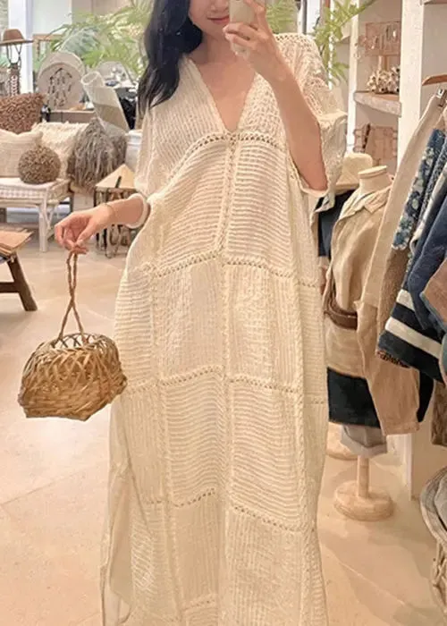 Elegant White V Neck Hollow Out Side Open Knit Dresses Half Sleeve CG1013