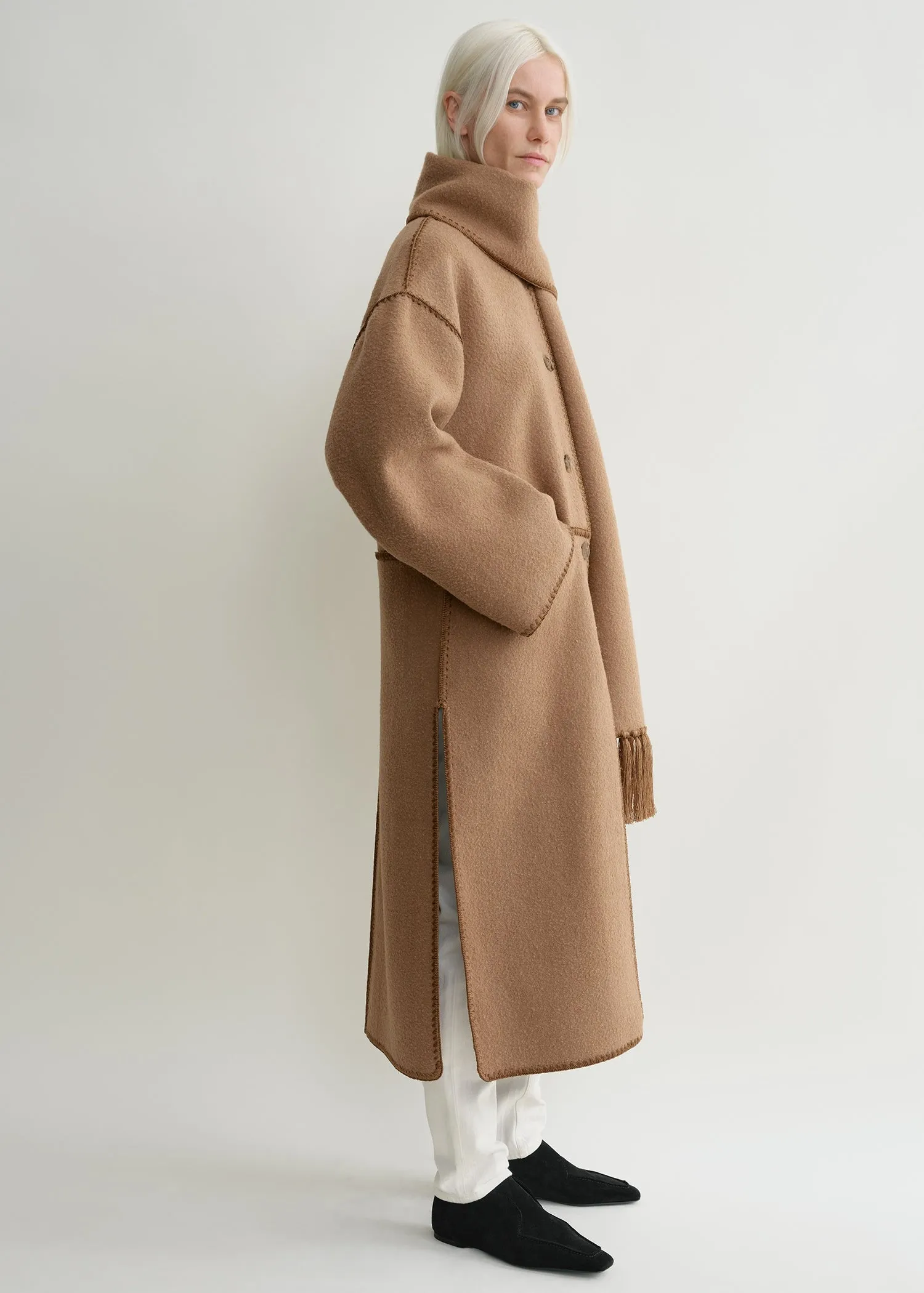 Embroidered scarf coat camel