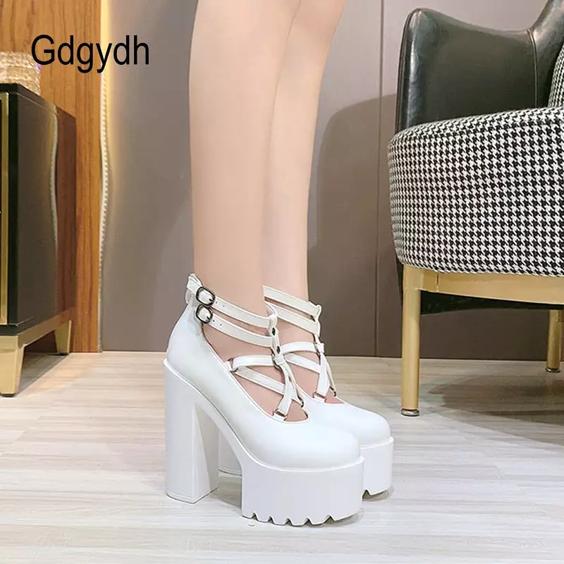 Fashion Women Pumps High Heels Zipper Rubber Sole Black Platform Shoes Spring Autumn Leather Shoes Female Gothic Pentagon