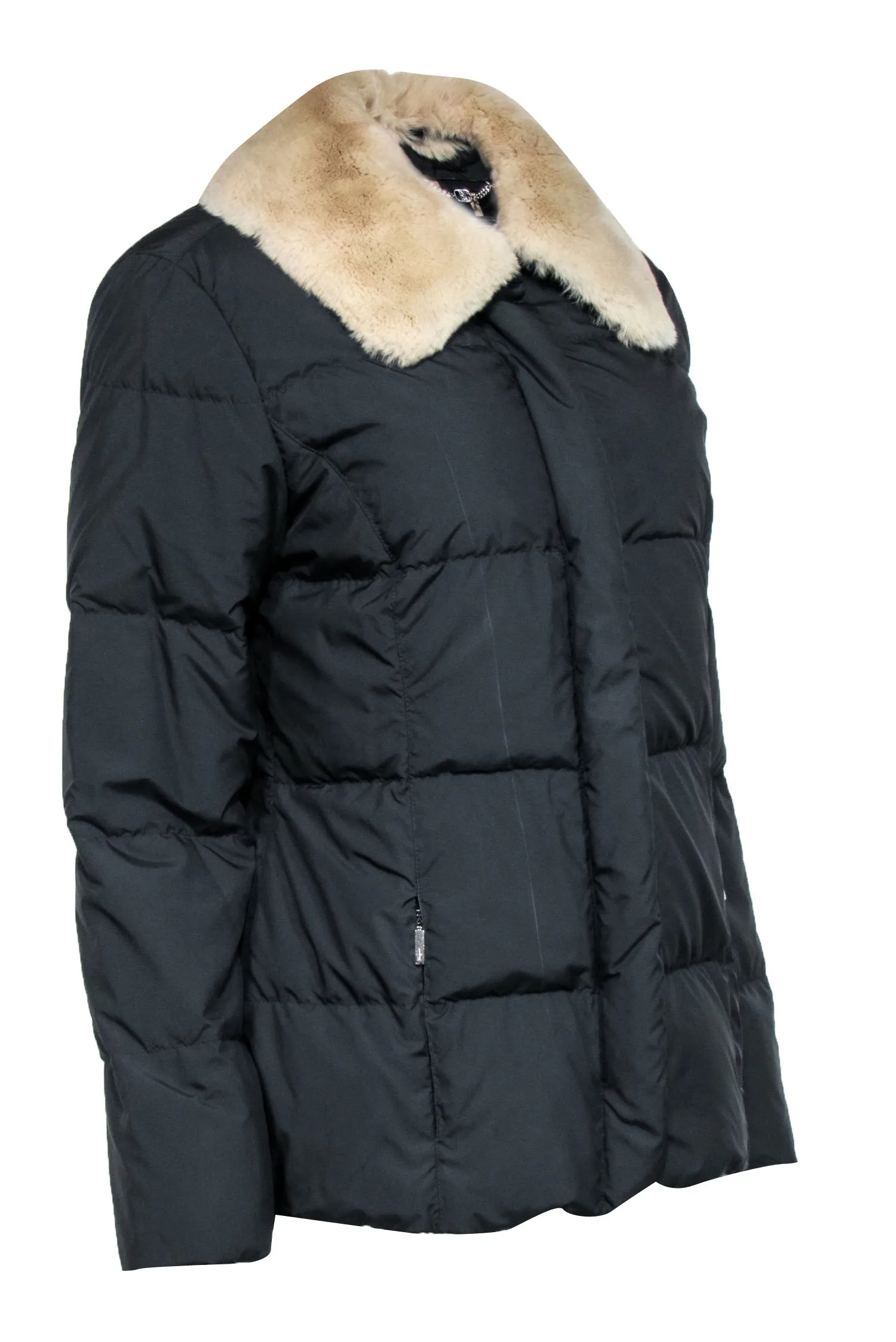 Ferragamo - Black Puffer Coat w/ Tan Lapin Fur Trim Sz 8