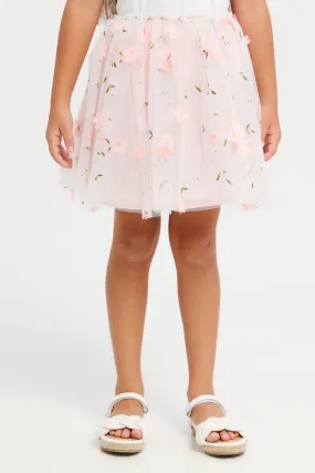 Girls Pink Floral Embroidered Skirt