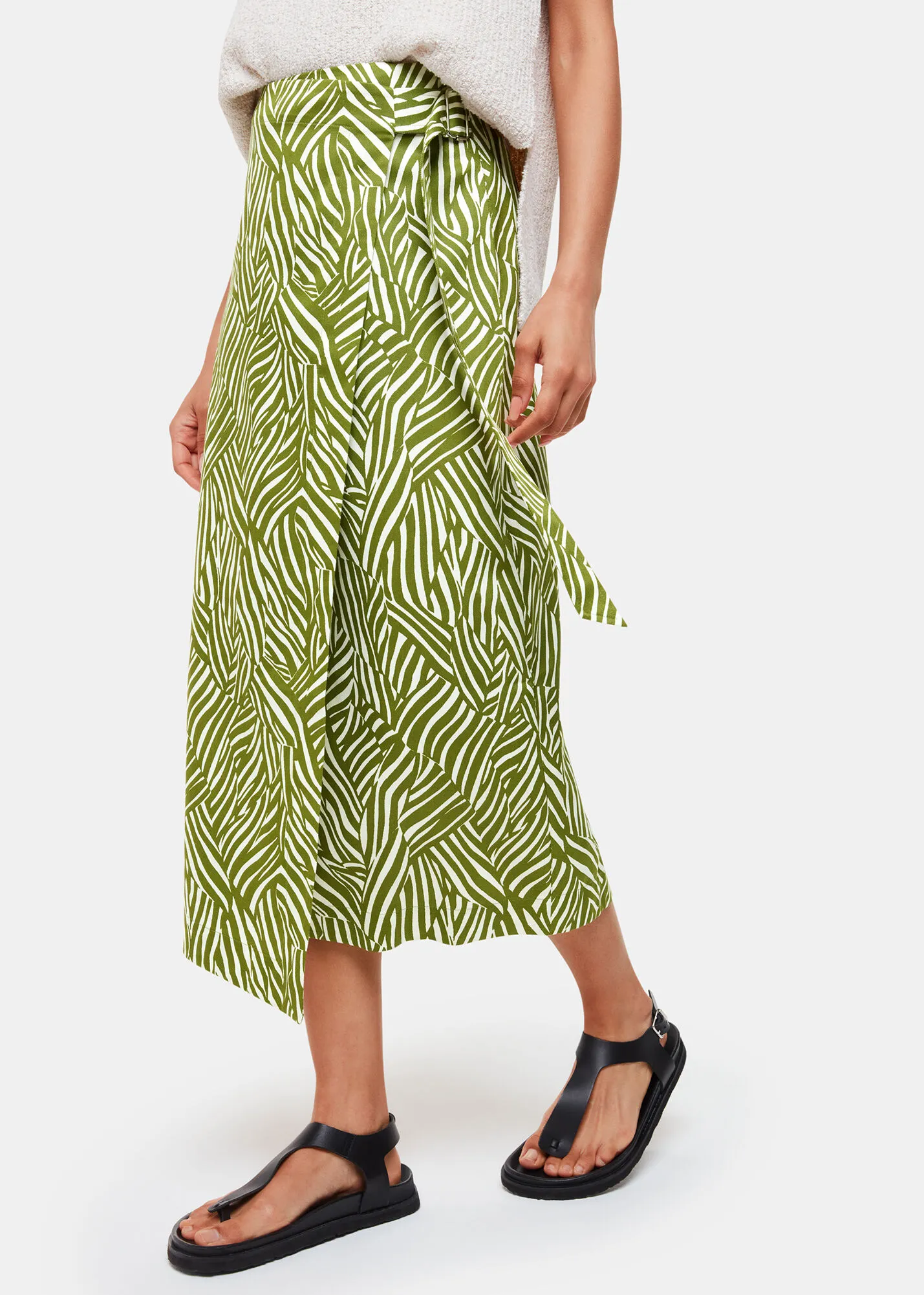 Green Linear Leaf Wrap Midi Skirt