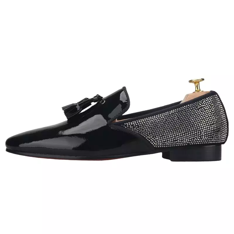 Handmade Black Loafers Classic Stitching Rhinestone Men Flats