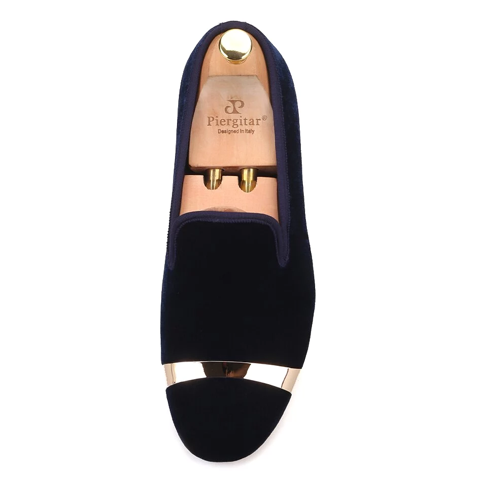 Handmade men navy velvet shoes with gold metal wedding and banquet male loafers