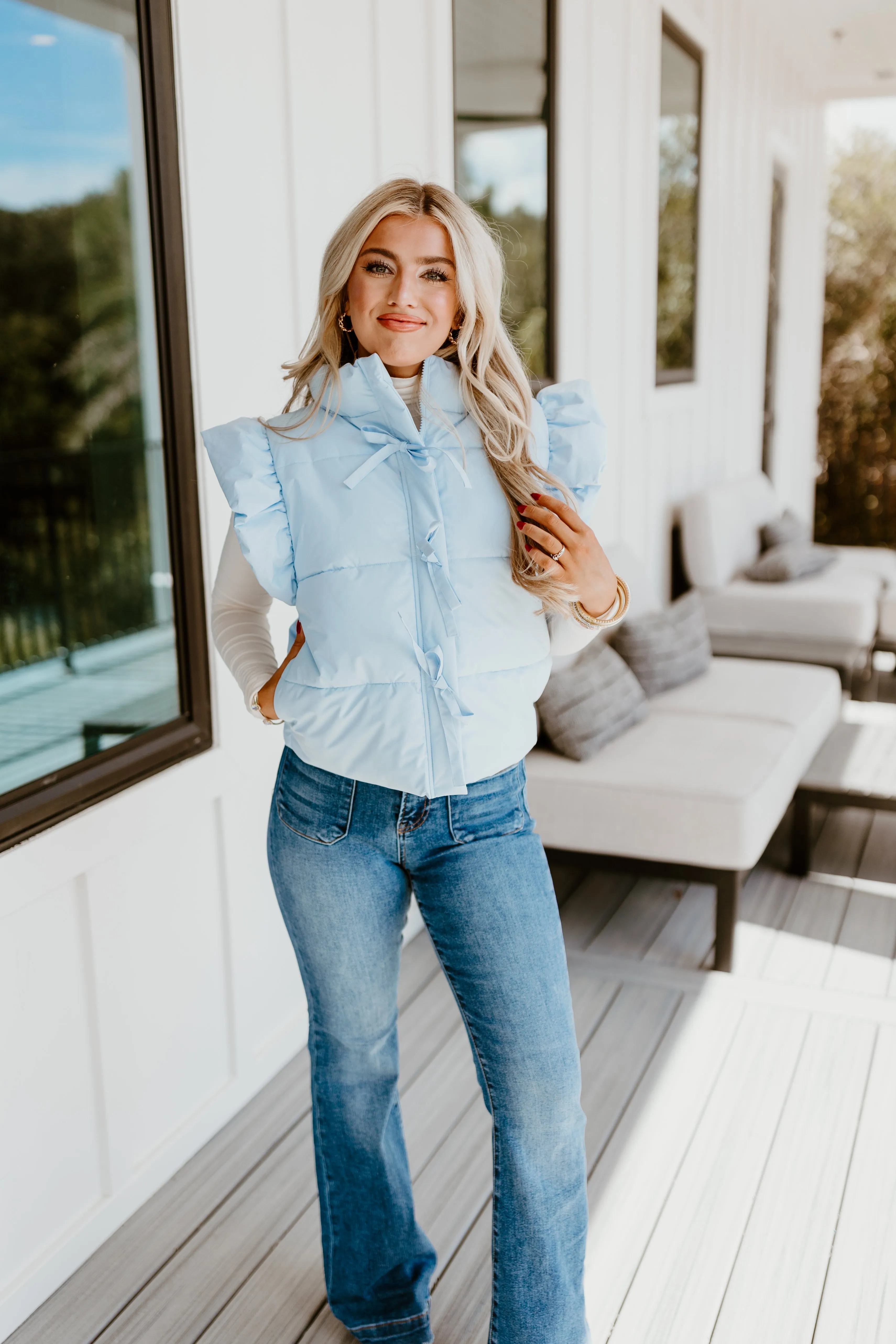 Light Blue Bow Tie Detail Ruffle Puffer Vest