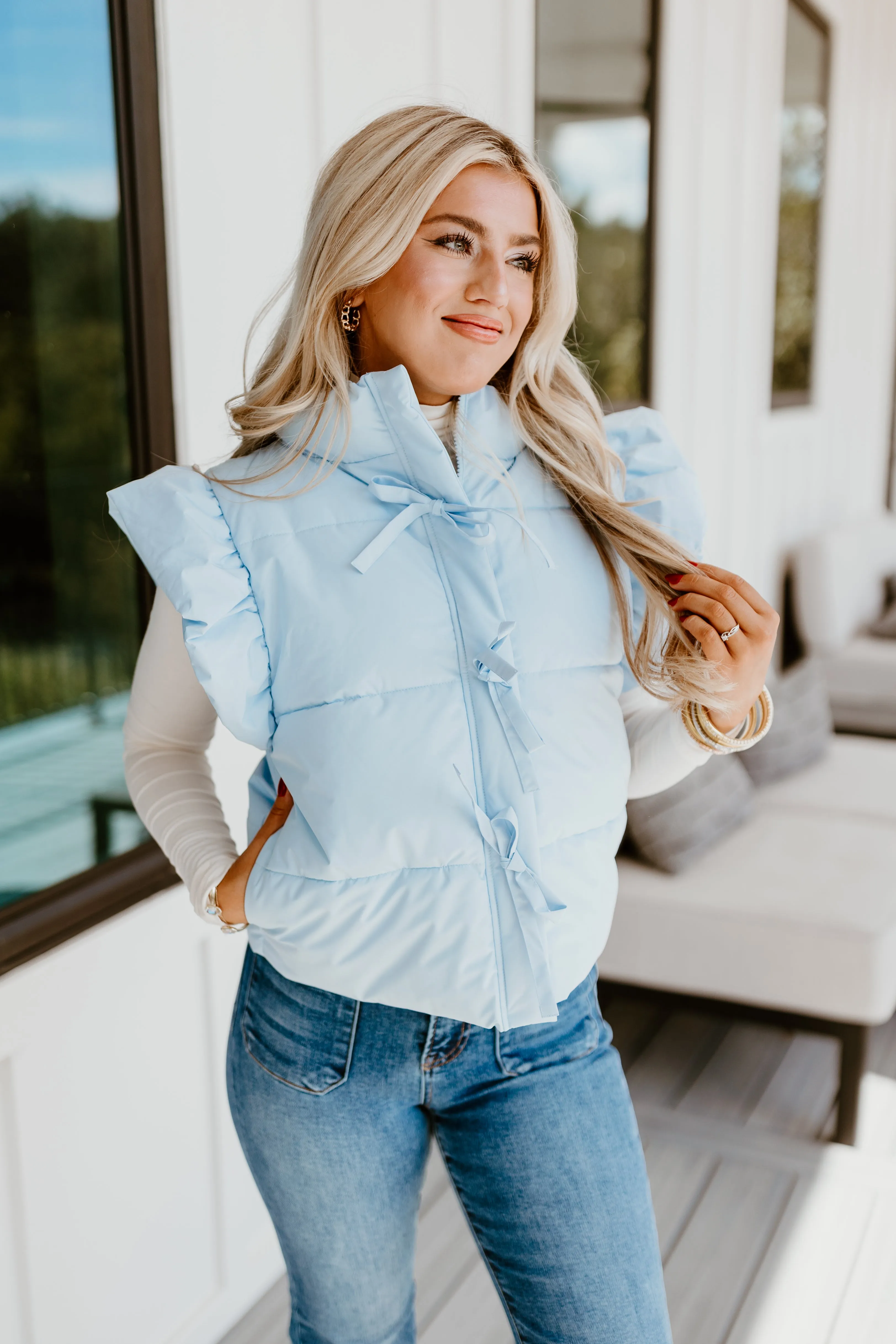 Light Blue Bow Tie Detail Ruffle Puffer Vest