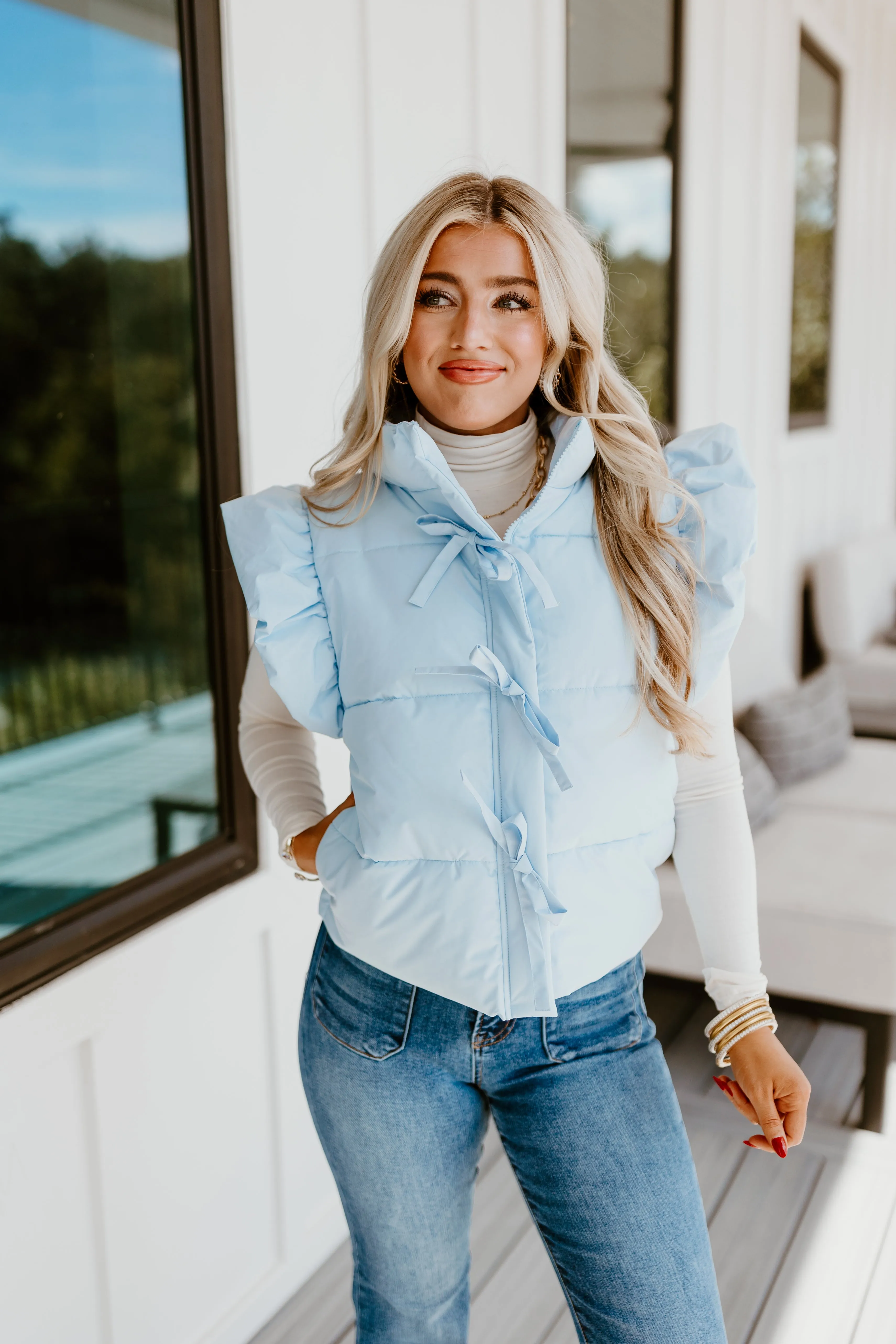 Light Blue Bow Tie Detail Ruffle Puffer Vest