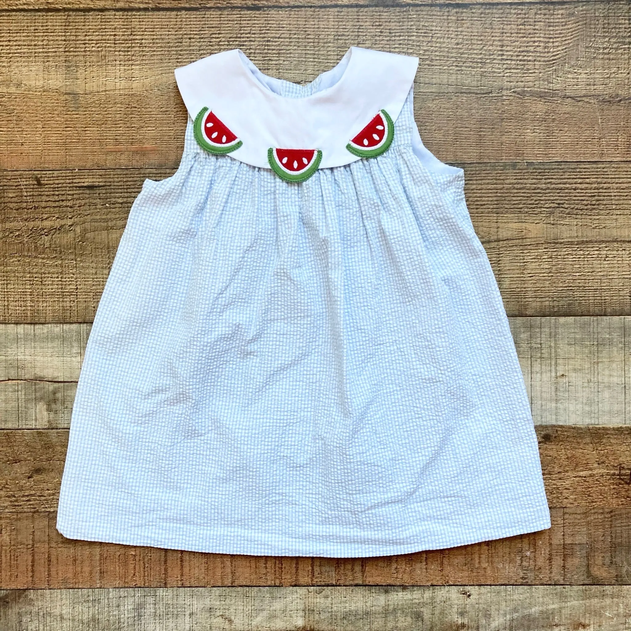 Little English Blue Seersucker with White Watermelon Collar Dress- Size 3T