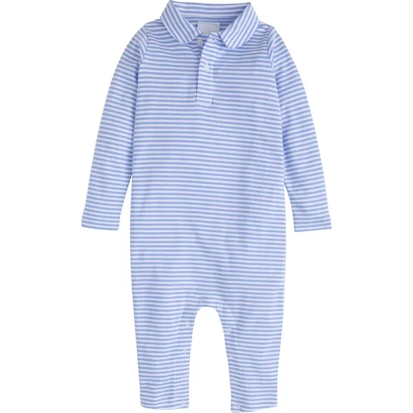 Little English Long Sleeve Striped Polo Romper, Light Blue