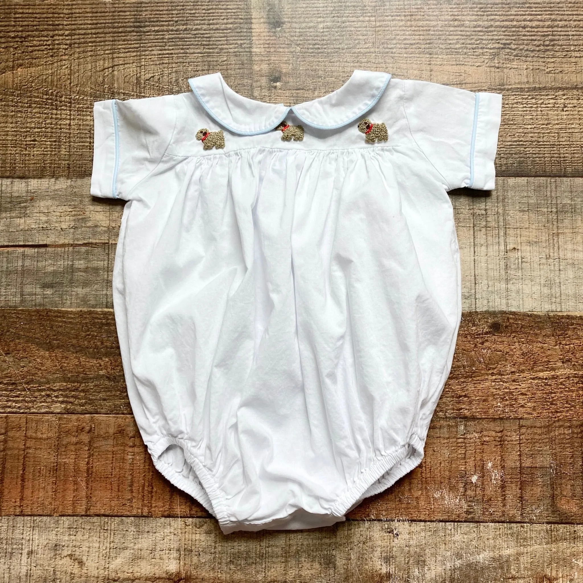 Little English White with Embroidered Puppies Bubble- Size 6M