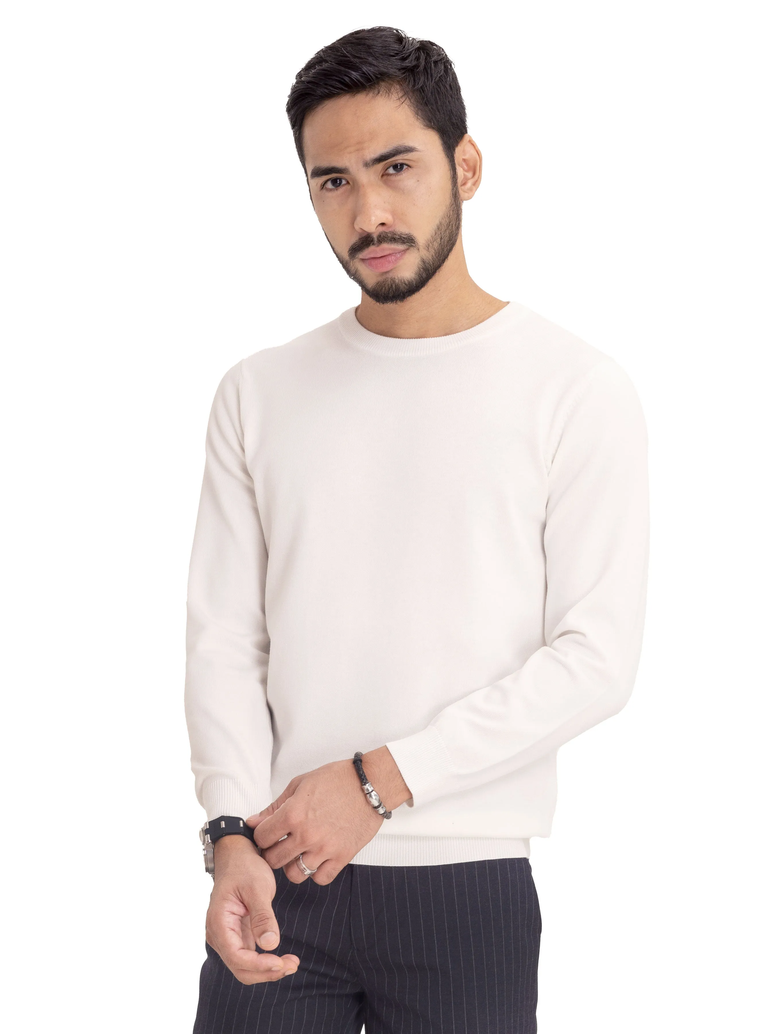 Long Sleeve Crew Neck Sweater - White