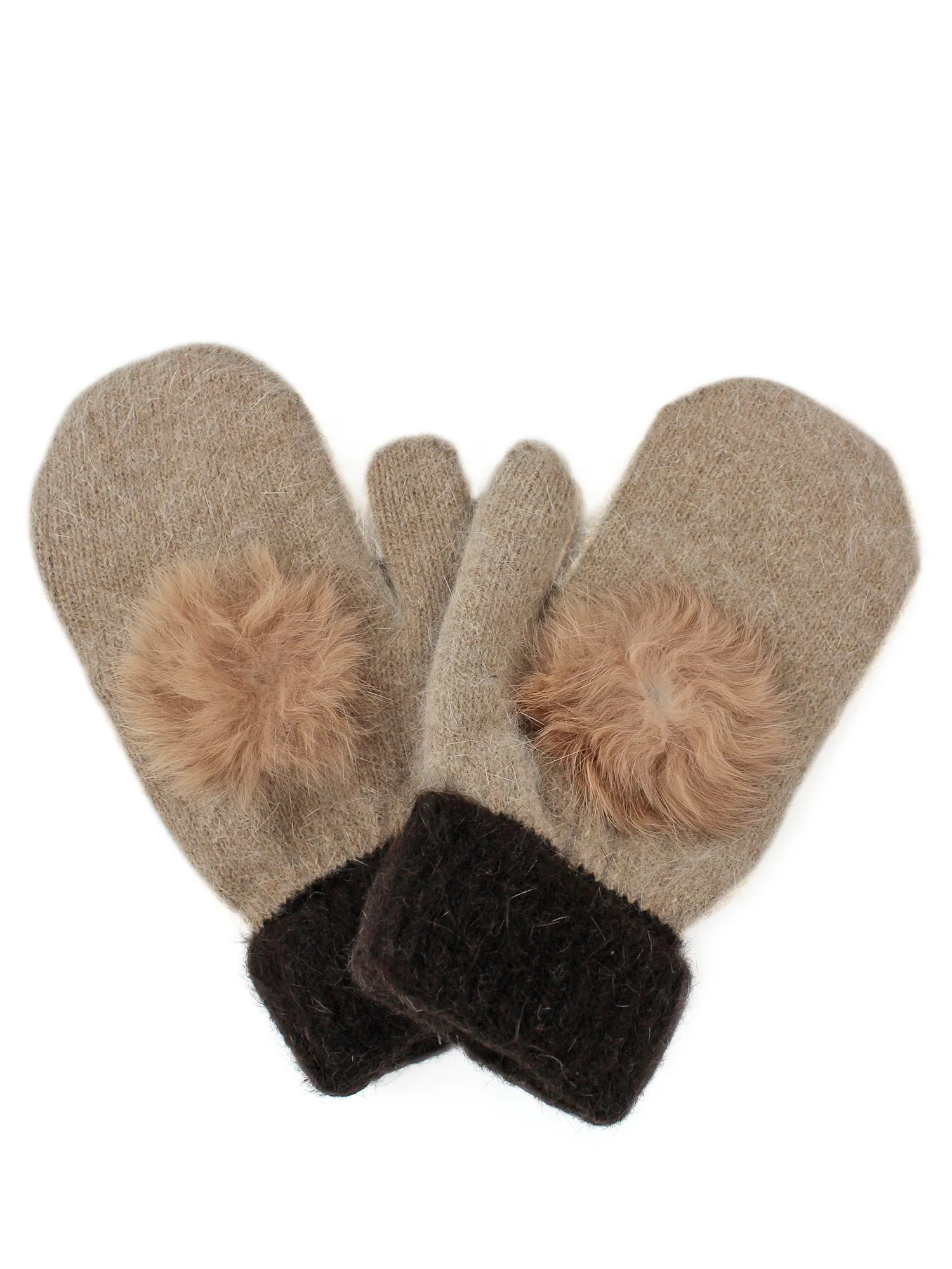 Luxury Beige And Brown Womens Mittens With Faux Fur Pom Pom