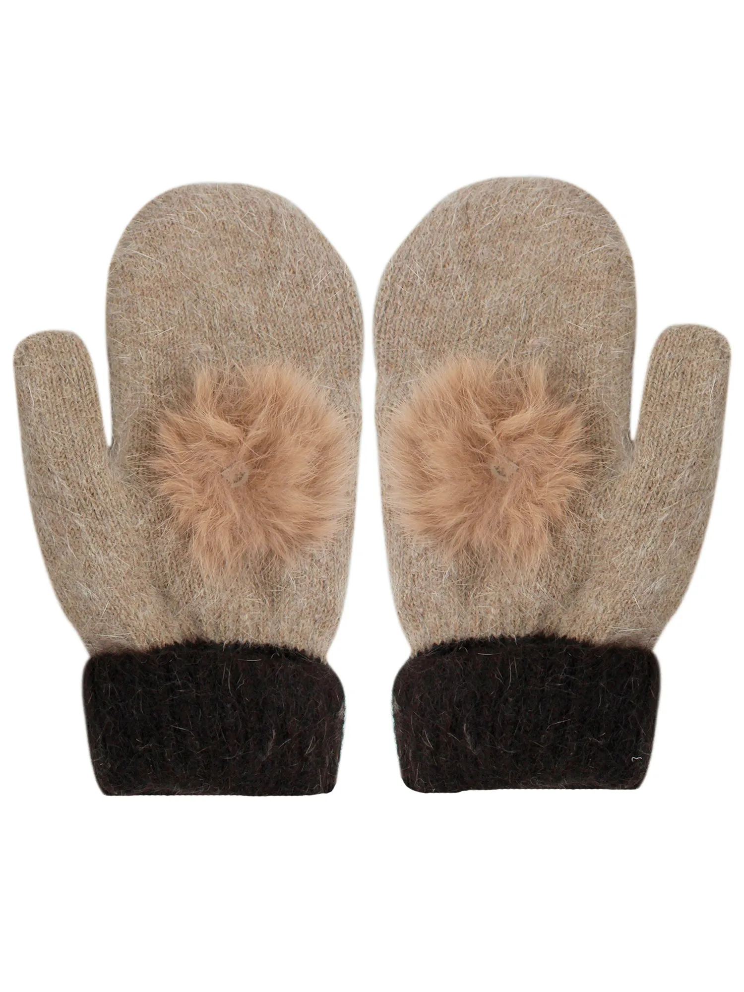 Luxury Beige And Brown Womens Mittens With Faux Fur Pom Pom