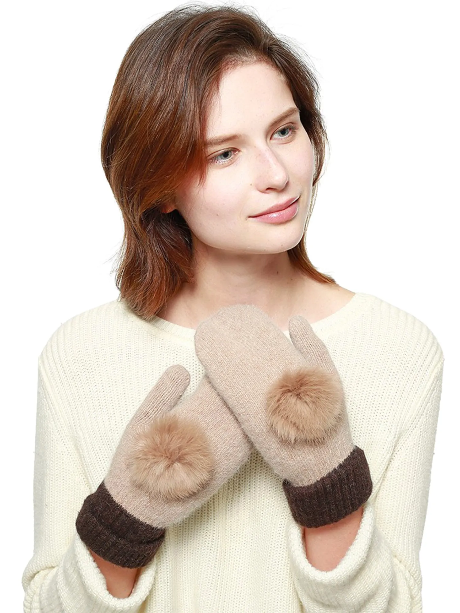 Luxury Beige And Brown Womens Mittens With Faux Fur Pom Pom