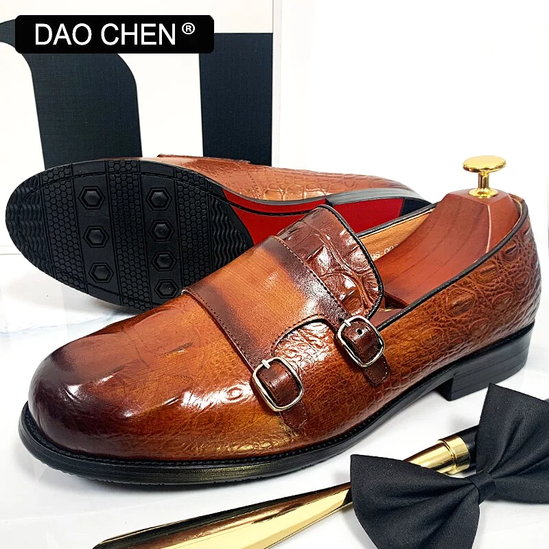 LUXURY BRAND MEN SHOES FASHION DESIGNER MAN LOAFERS SHOE DOUBLE MONK SHOES CROCODILE PRINTS LEATHER CASUAL SHOES FOR MEN