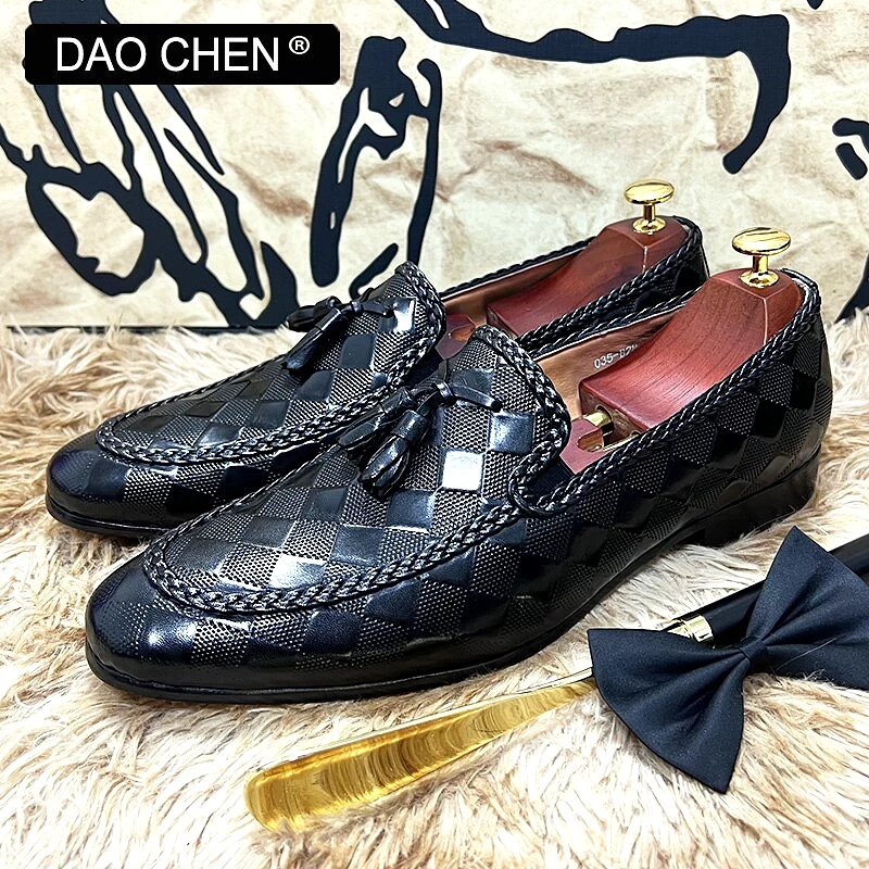 LUXURY PLAID PRINT WEAVE CASUAL SHOES BLACK BROWN WEDDING OFFICE DRESS MAN SHOES LOAFERS MEN