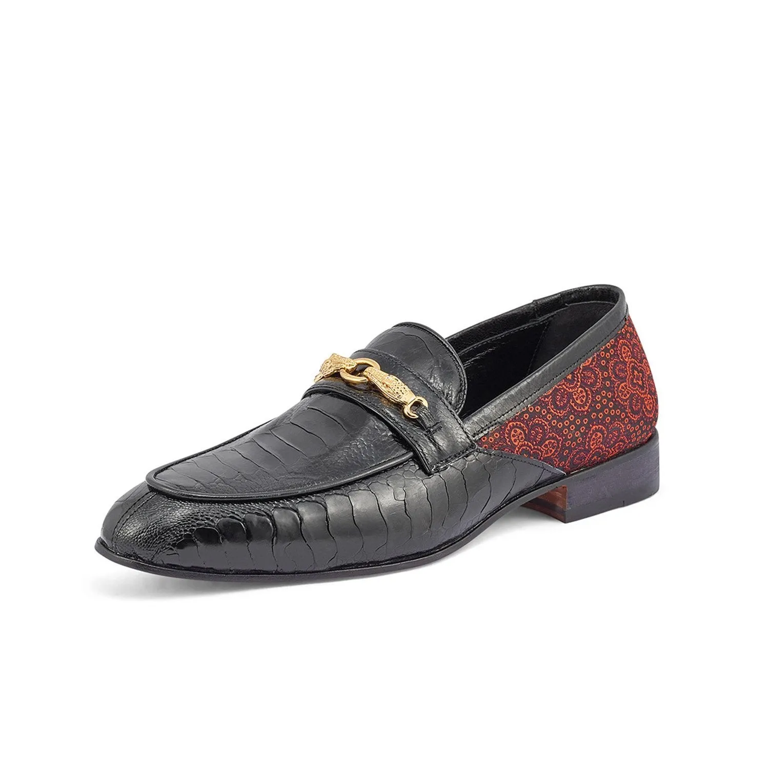 Mauri 4946 Monet Men's Shoes Black & Coral Red Exotic Ostrich Leg / Matahari Fabric Horsebit Loafers (MA5398)