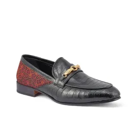 Mauri 4946 Monet Men's Shoes Black & Coral Red Exotic Ostrich Leg / Matahari Fabric Horsebit Loafers (MA5398)