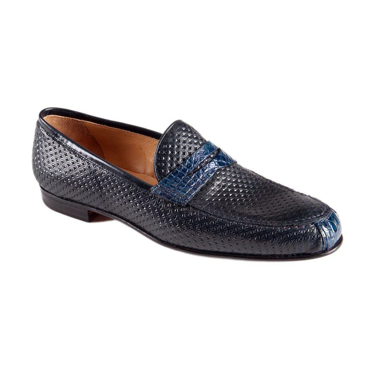 Mauri Men's Designer Shoes Blue Navy Exotic Crocodile / Texture Print Calf-Skin Leather Penny Loafers 4893 (MAO1032)