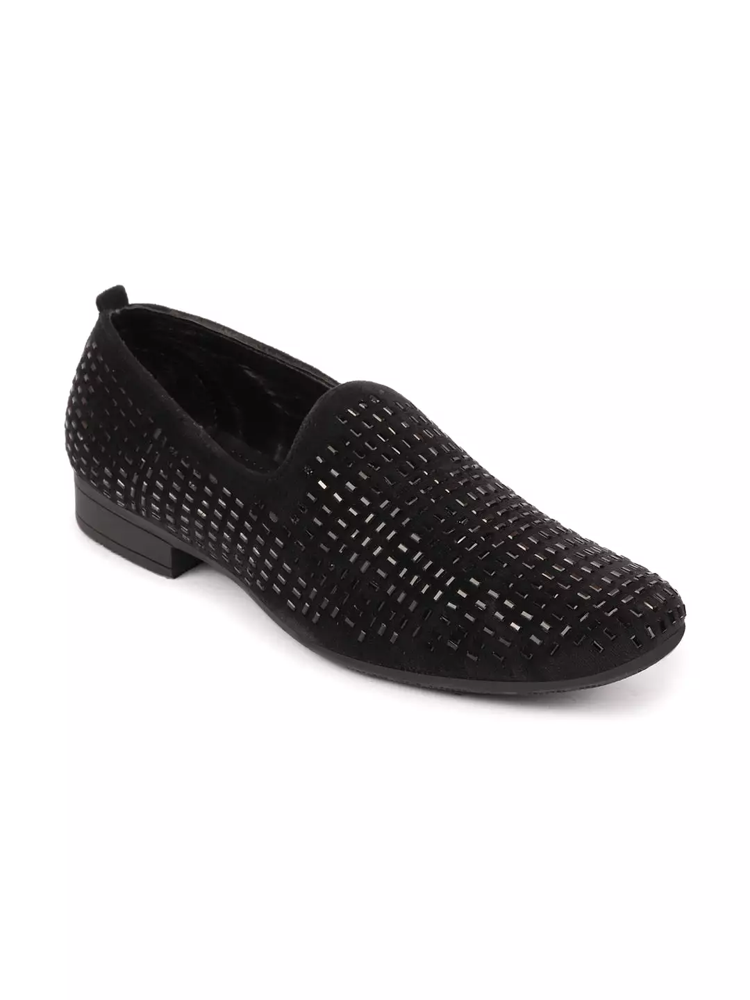 Men Black Embellished Design Velvet Slip On Party Loafers Shoes