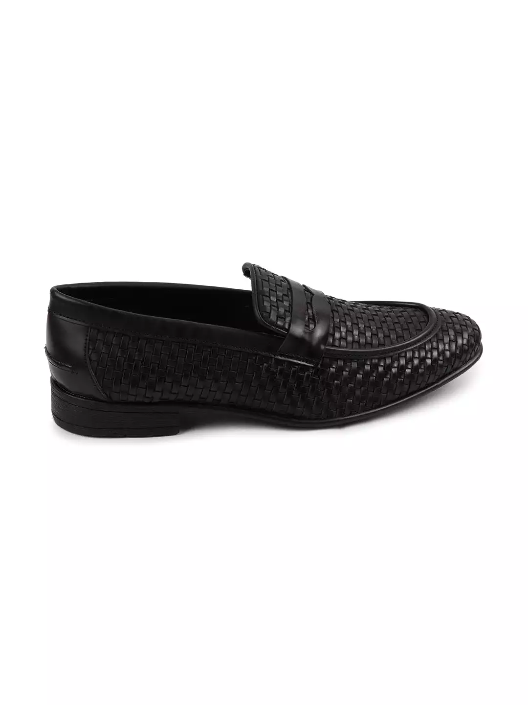 Men Black Hand Knitted Slip On Penny Loafers