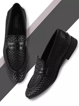 Men Black Hand Knitted Slip On Penny Loafers