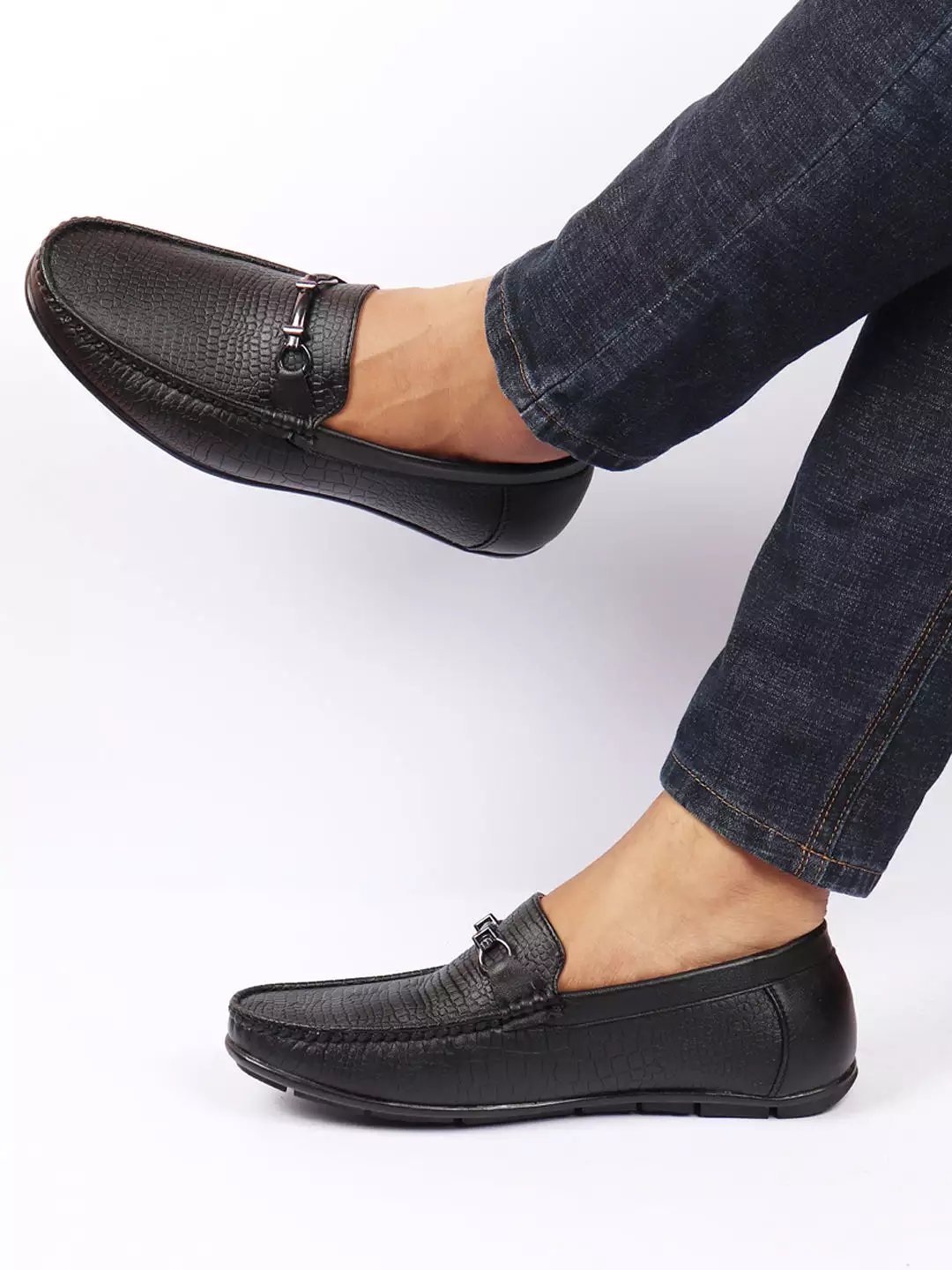 Men Black Horsebit Buckle Embossed Casual/Dress Loafer Shoes