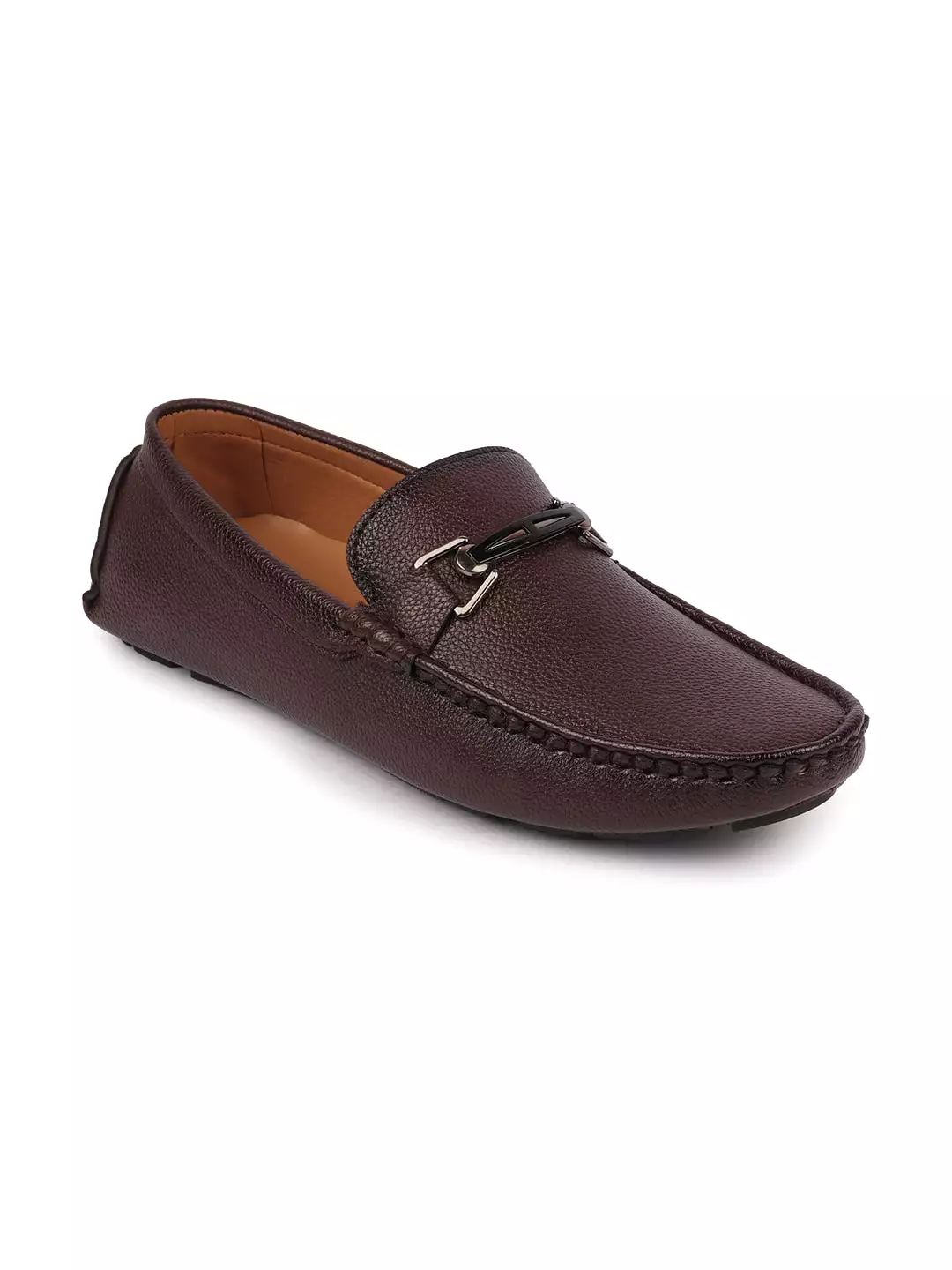 Men Brown Casual Slip On Textured Stitched Design Driving Loafer and Moccasin Shoes