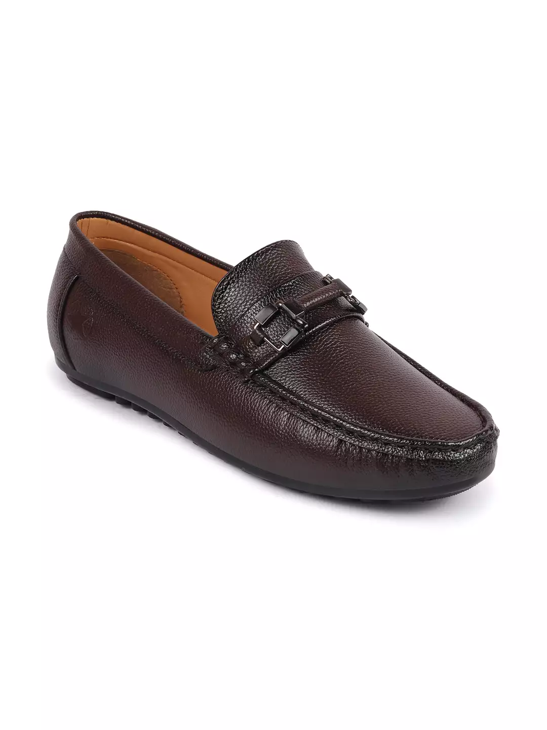 Men Brown Textured Design Horsebit Buckle Casual Classic Slip On Moccasins and Loafers