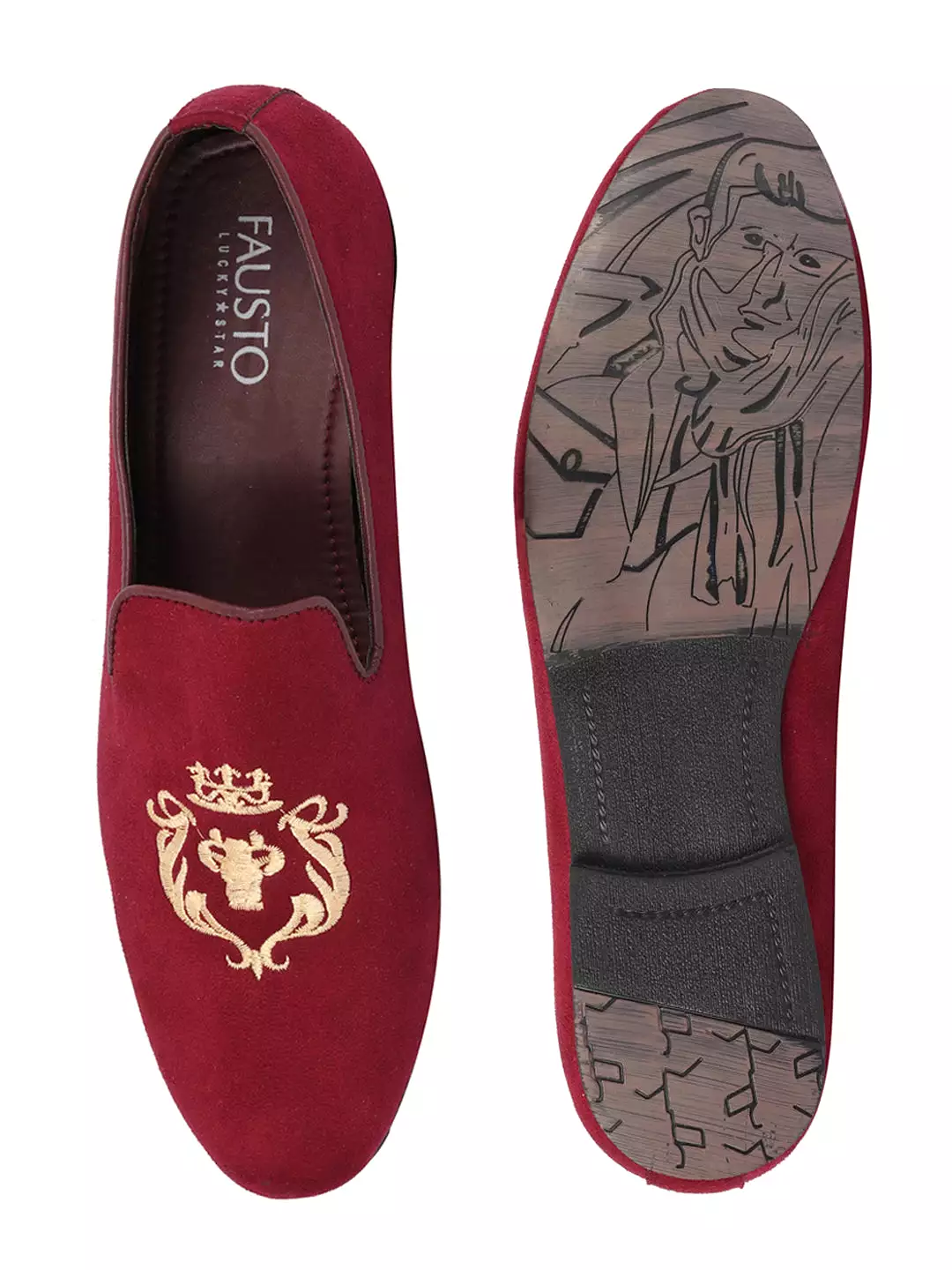 Men Cherry Embroidered Velvet Slip On Loafers