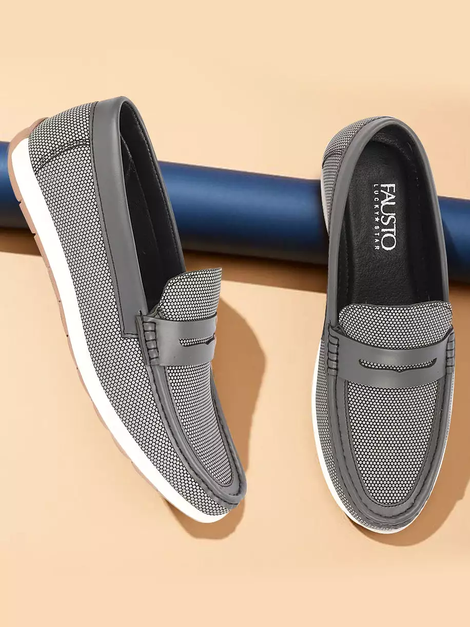 Men Grey Textured Design Casual Slip On Loafer Boat Shoes