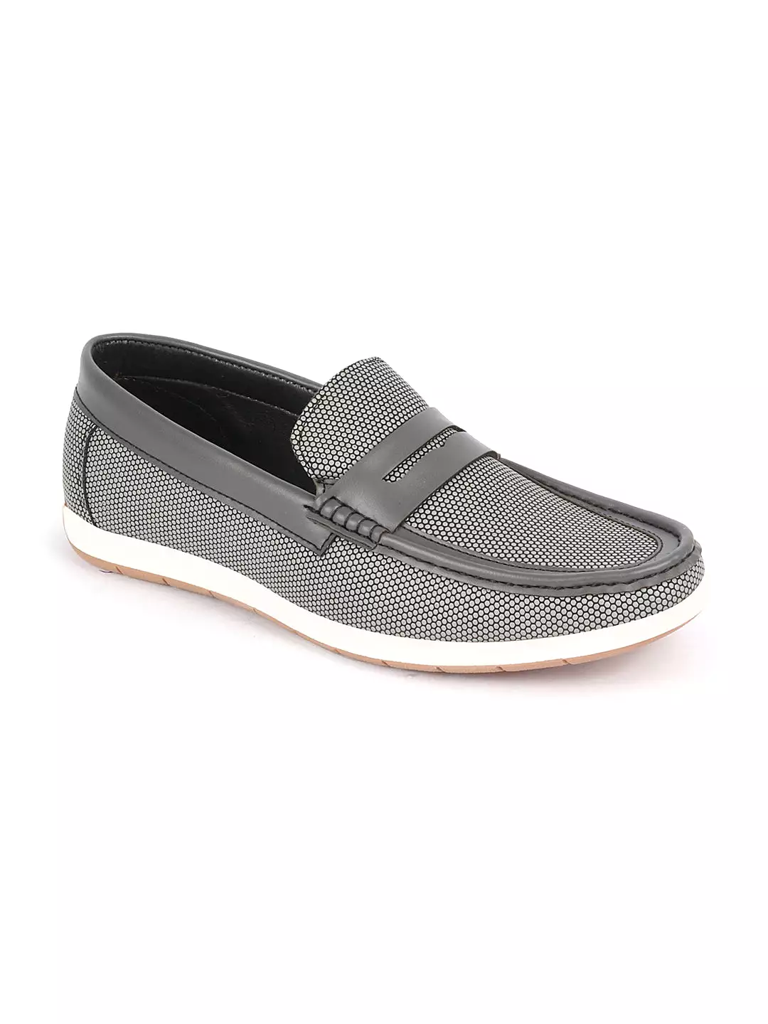 Men Grey Textured Design Casual Slip On Loafer Boat Shoes