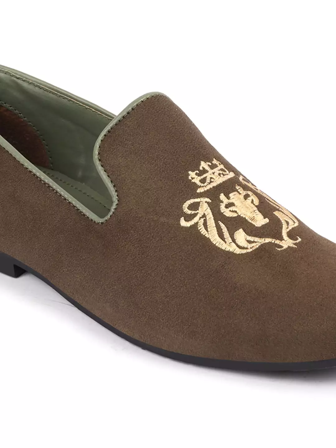 Men Olive Embroidered Velvet Slip On Loafers