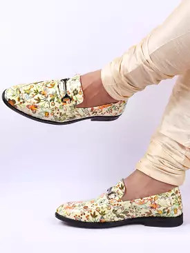 Men Olive Floral Print Horsebit Buckle Weekend Wedding Evening Party Shoes Loafers